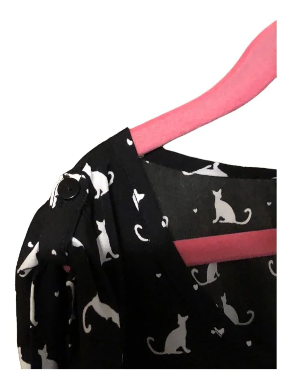 White Cat Print Black Short Sleeve Sun Dress Accent Bow Pockets Sz XL (14-6)